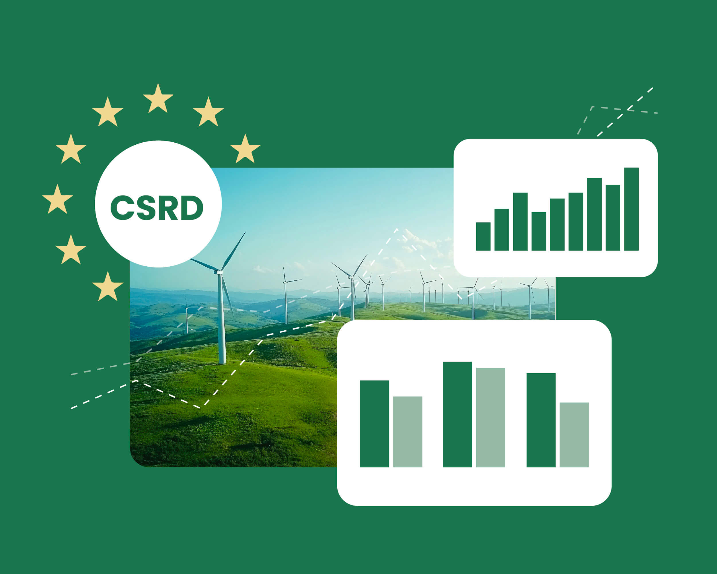 CSRD-Software: Windräder im Hintergrund, Grafiken im Vordergrund