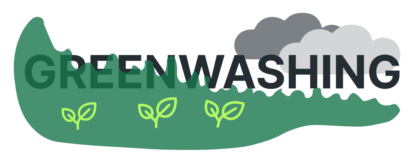 Die Abbildung zeigt den Schriftzug "Greenwashing", übermalt mit grüner Farbe und zwei Wolken als Zeichen für den CO2-Ausstoß