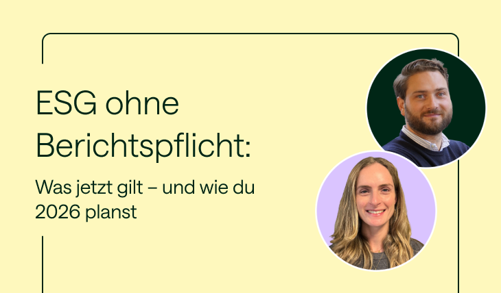 Thumbnail des Webinars „ESG ohne Berichtspflicht: Was jetzt gilt – und wie du 2026 planst“ mit Fotos der Vortragenden Jan Borchert und Simone Stenmans auf hellgelbem Hintergrund.