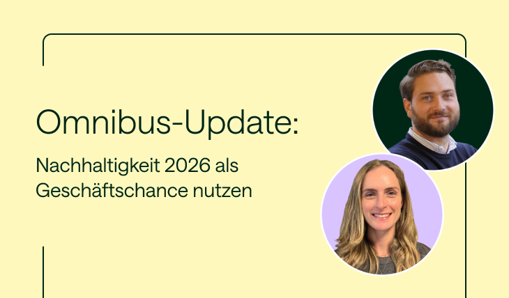 Thumbnail des Webinars „ESG ohne Berichtspflicht: Was jetzt gilt – und wie du 2026 planst“ mit Fotos der Vortragenden Jan Borchert und Simone Stenmans auf hellgelbem Hintergrund.