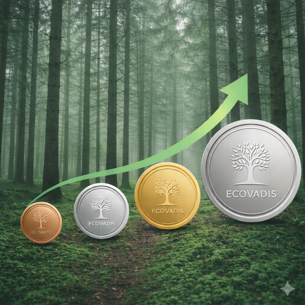 EcoVadis-Rating Entwicklung mit Bronze-, Silber-, Gold- und Platin-Medaille in aufsteigender Reihenfolge. Grüner Pfeil symbolisiert nachhaltige Verbesserung der ESG-Performance vor einem grünen Waldhintergrund.