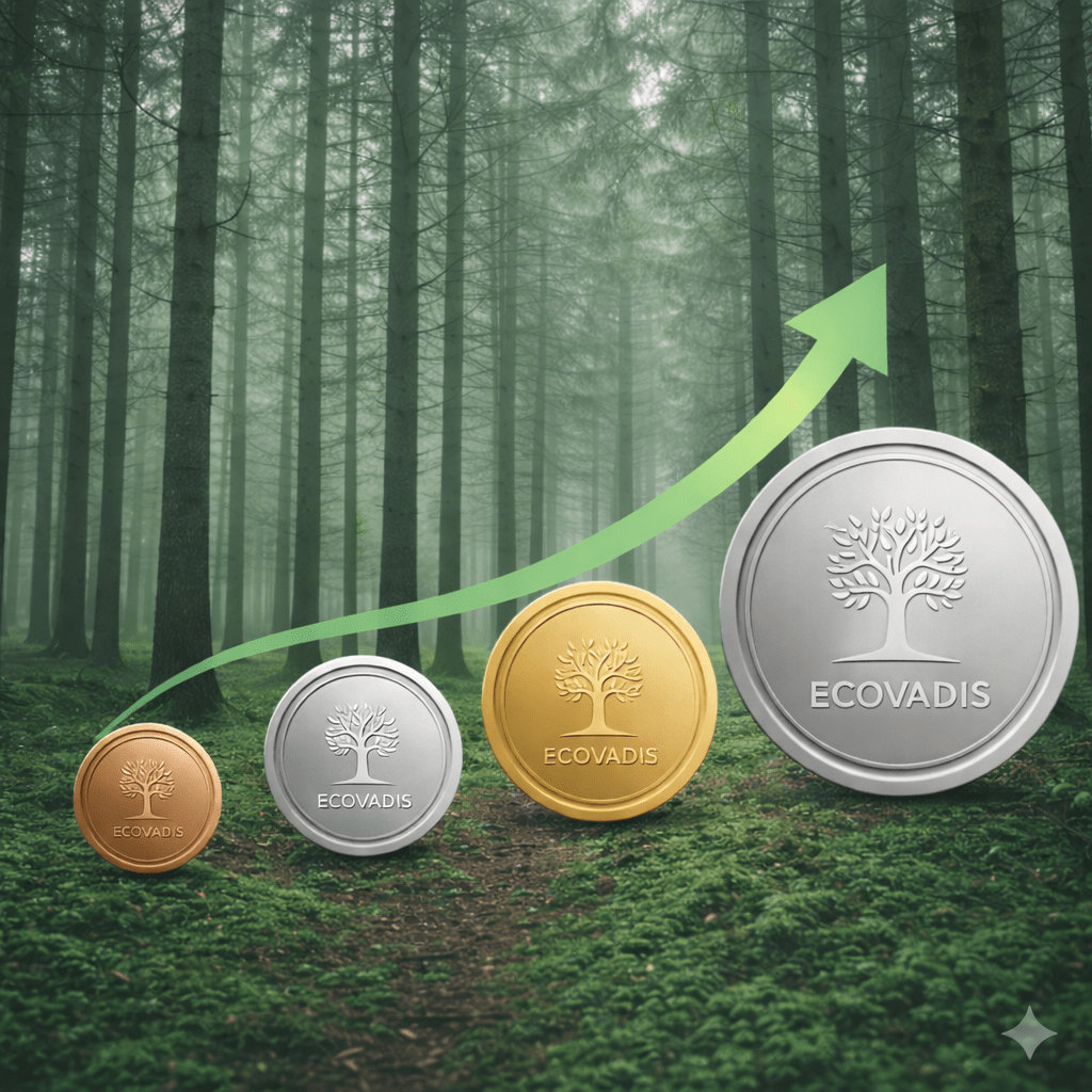 EcoVadis-Rating Entwicklung mit Bronze-, Silber-, Gold- und Platin-Medaille in aufsteigender Reihenfolge. Grüner Pfeil symbolisiert nachhaltige Verbesserung der ESG-Performance vor einem grünen Waldhintergrund.