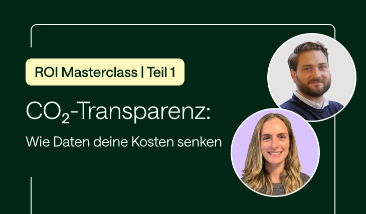 Thumbnail der ROI Masterclass Teil 1 mit dem Titel „CO₂-Transparenz: Wie Daten deine Kosten senken“ sowie Porträts der Referent:innen von Planted.