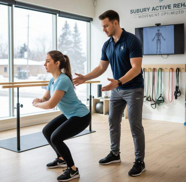  Physical therapist in Sudbury demonstrating mobility assessment techniques with active adult patient during movement evaluation