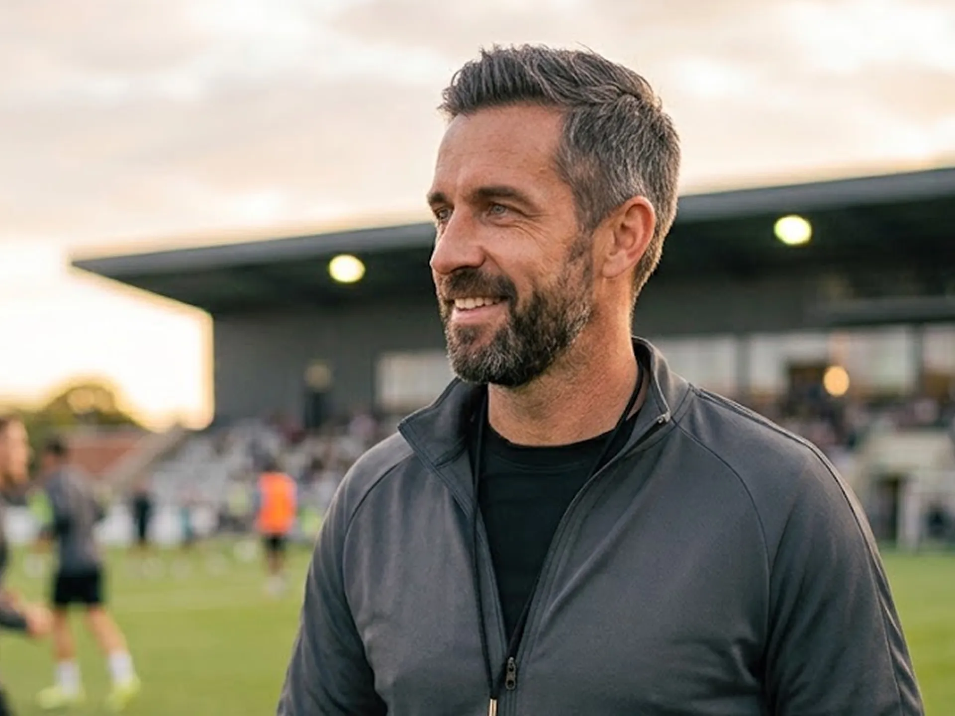 Entraineur de club souriant au bord d'un terrain de football