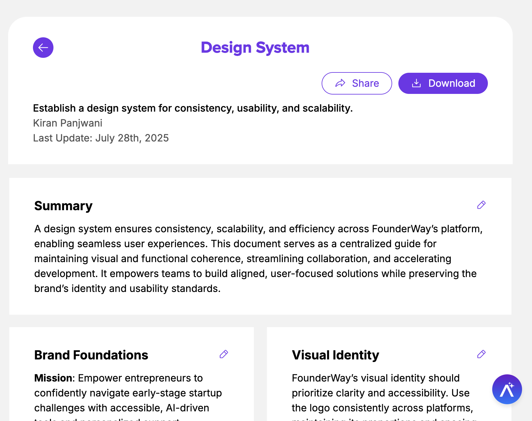 A report for Design System with sections including Brand Foundations and Visual Identity. 