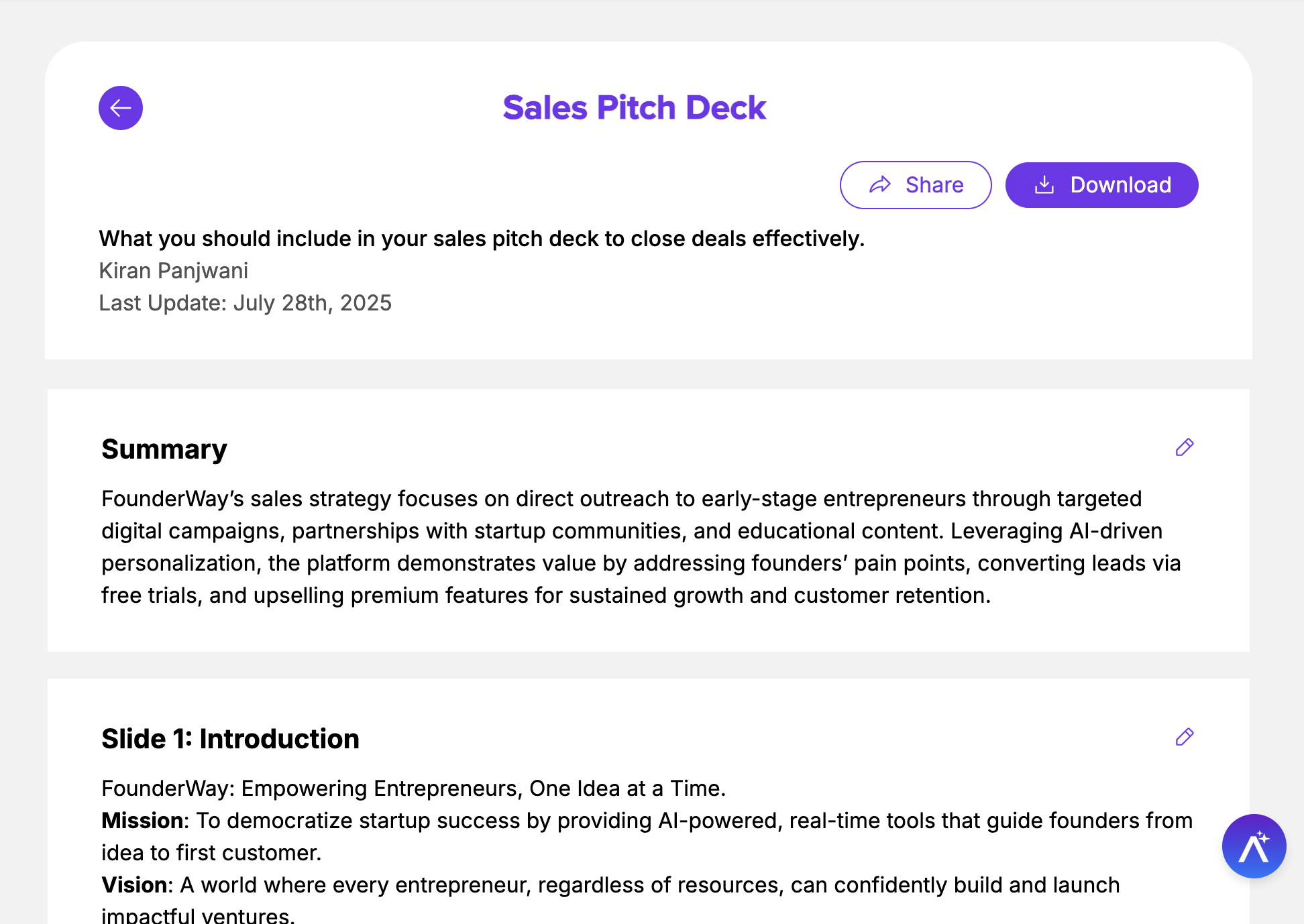 A report for Sales Pitch Deck with sections including Summary and Slide 1. 