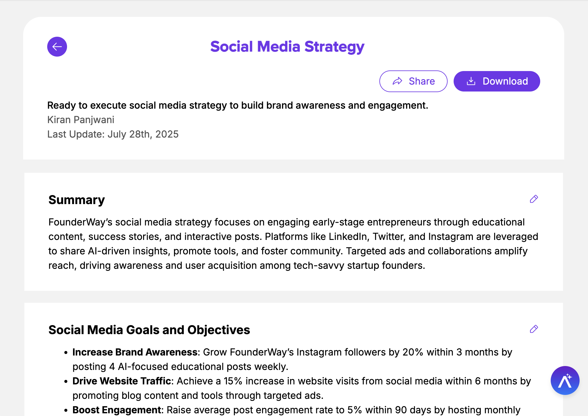 A report for Social Media Strategy with sections including Social Media Goals and Objectives.