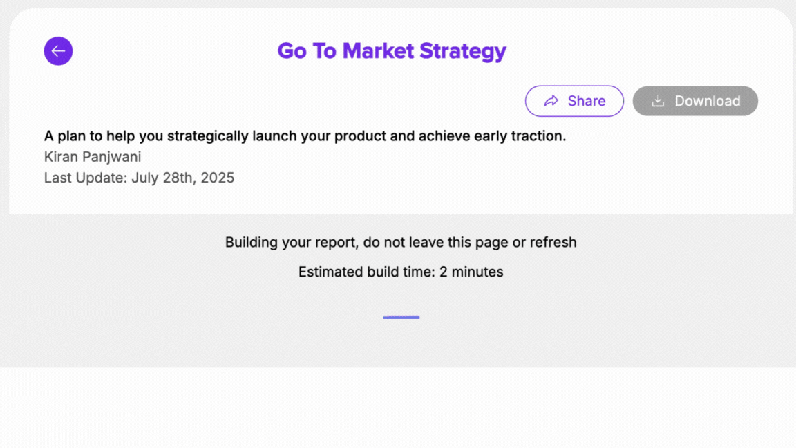 A gif showing a user generating a Go To Market Strategy and making a quick edit in the generated report.