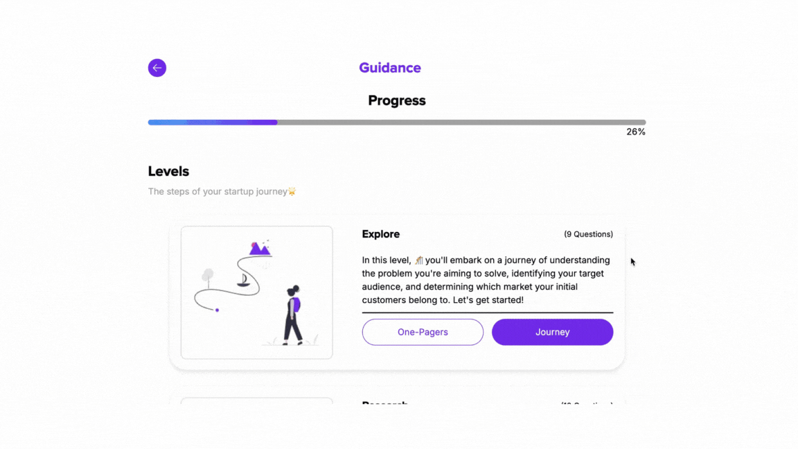 A gif showing a user's progress through a guided journey, with a progress bar on the top and sections below including Explore, Research, Build, and Launch.