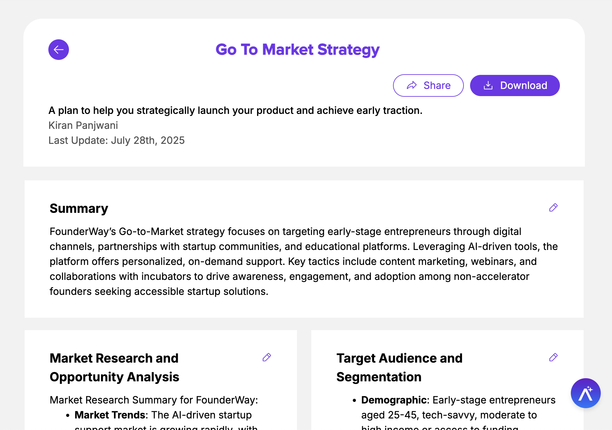 A report for Go To Market Strategy with sections including Market Research and Target Audience.