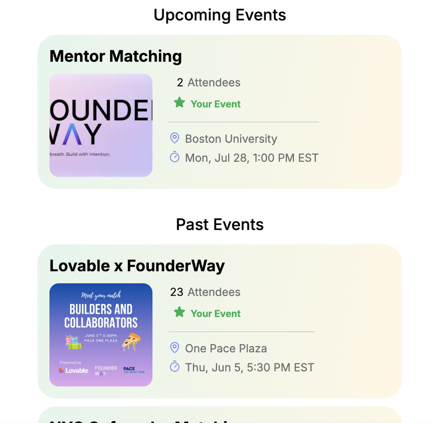 Founder Match upcoming events including Mentor Matching, showing the number of attendees, location, and time.