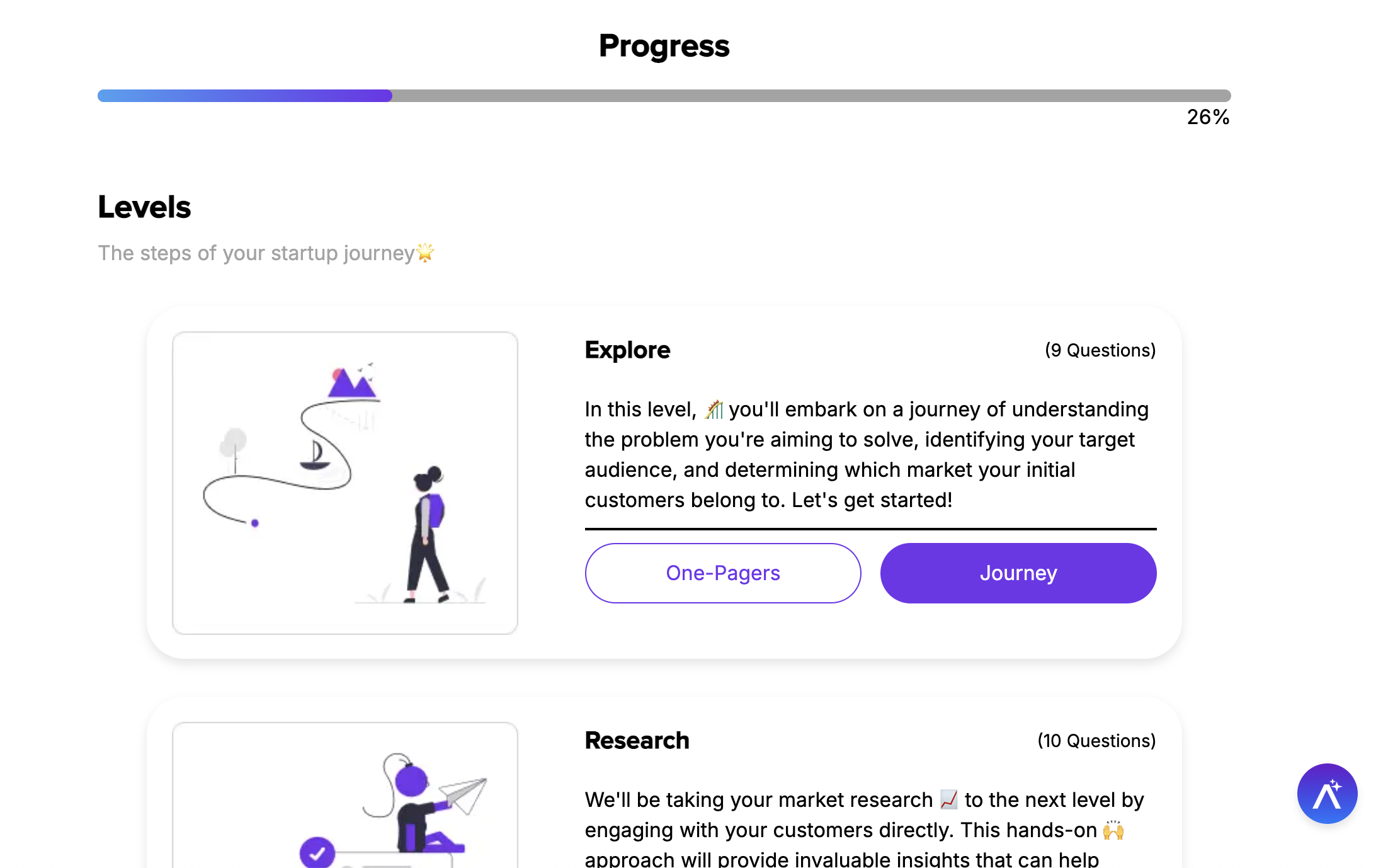 Guided journey, with a progress bar on the top and sections below including Explore, Research, Build, and Launch.