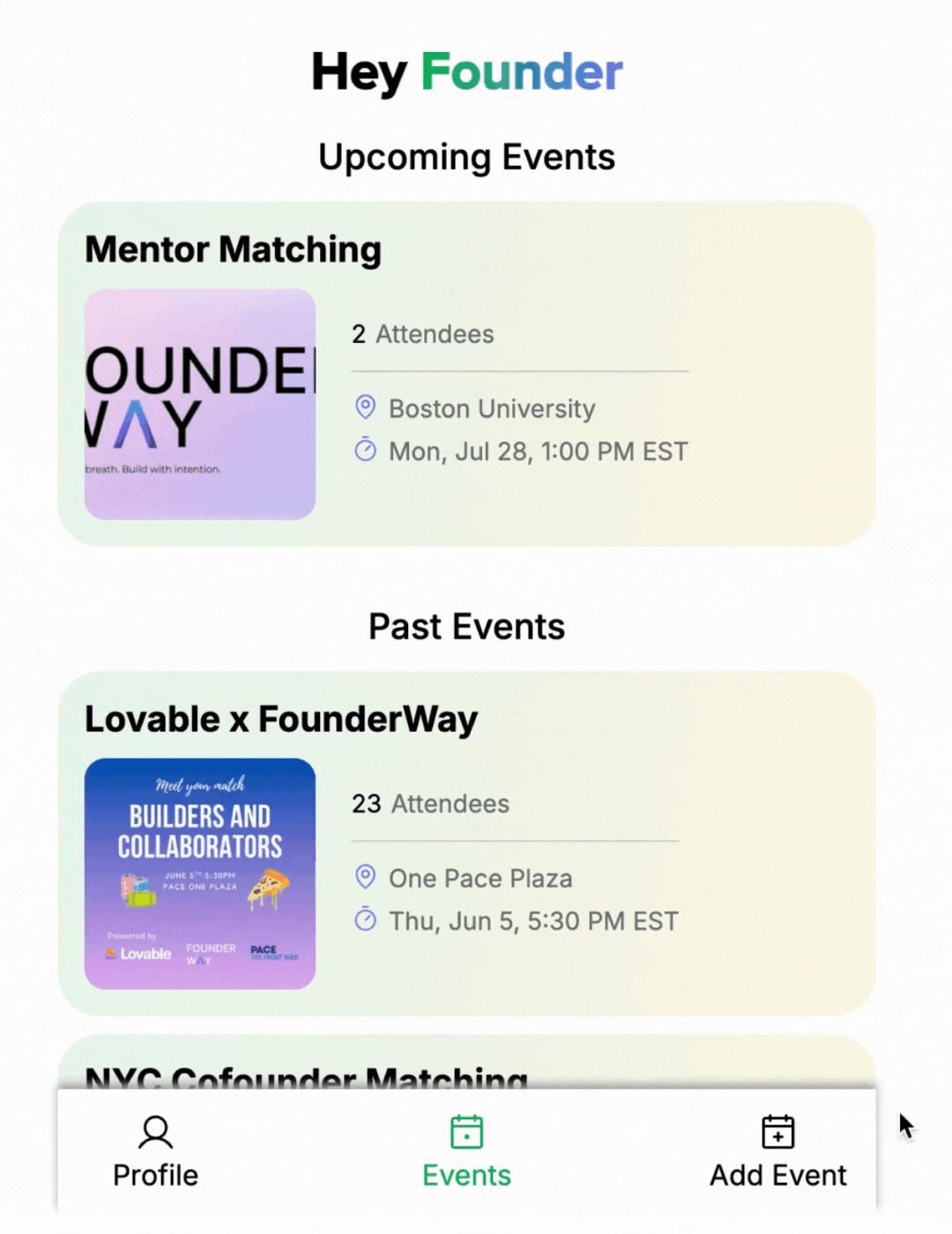 A gif of a user in Founder Match choosing an event, finding their top matches, and clicking on a match to connect with them.