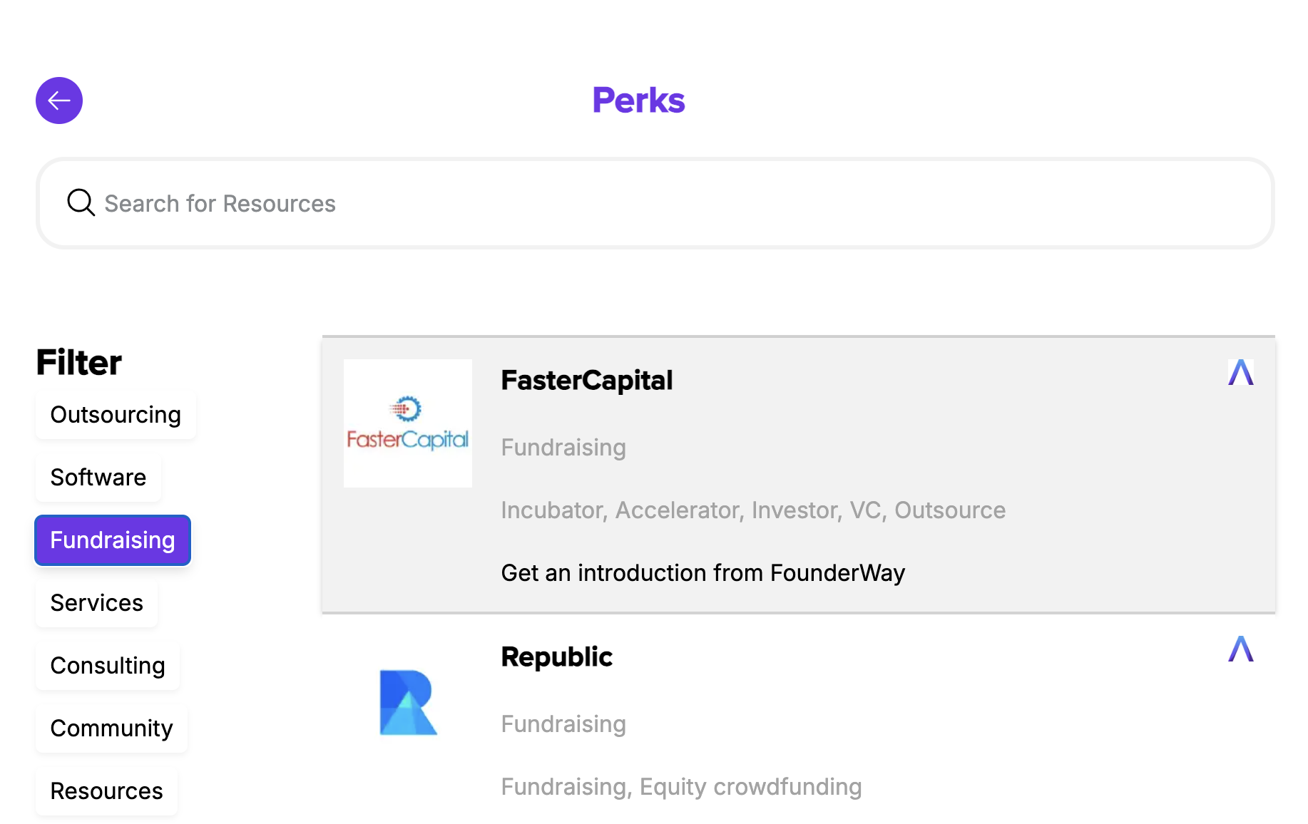 Perk options, filtered for Fundraising. 