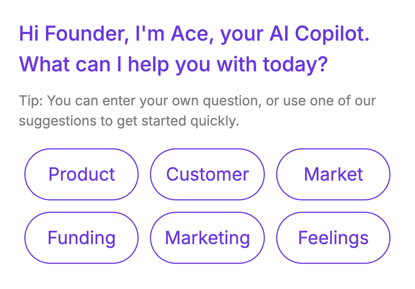 A picture of Ace Chat with "Hi Founder, I'm Ace, your AI Copilot" and several prompt options including Product, Market, and Feelings.