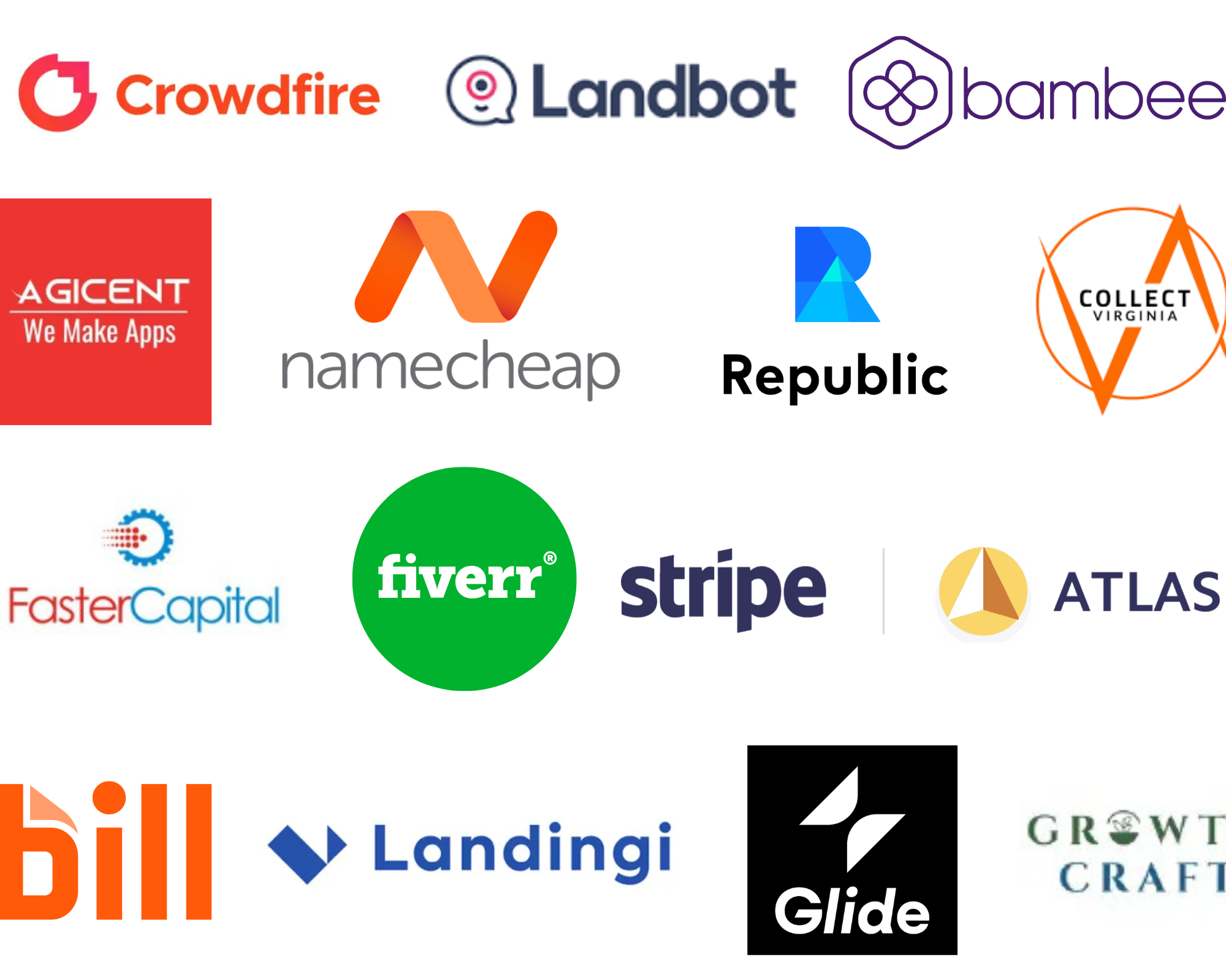 A collage of logos from FounderWay's partners and perks spanning from design to finance. 