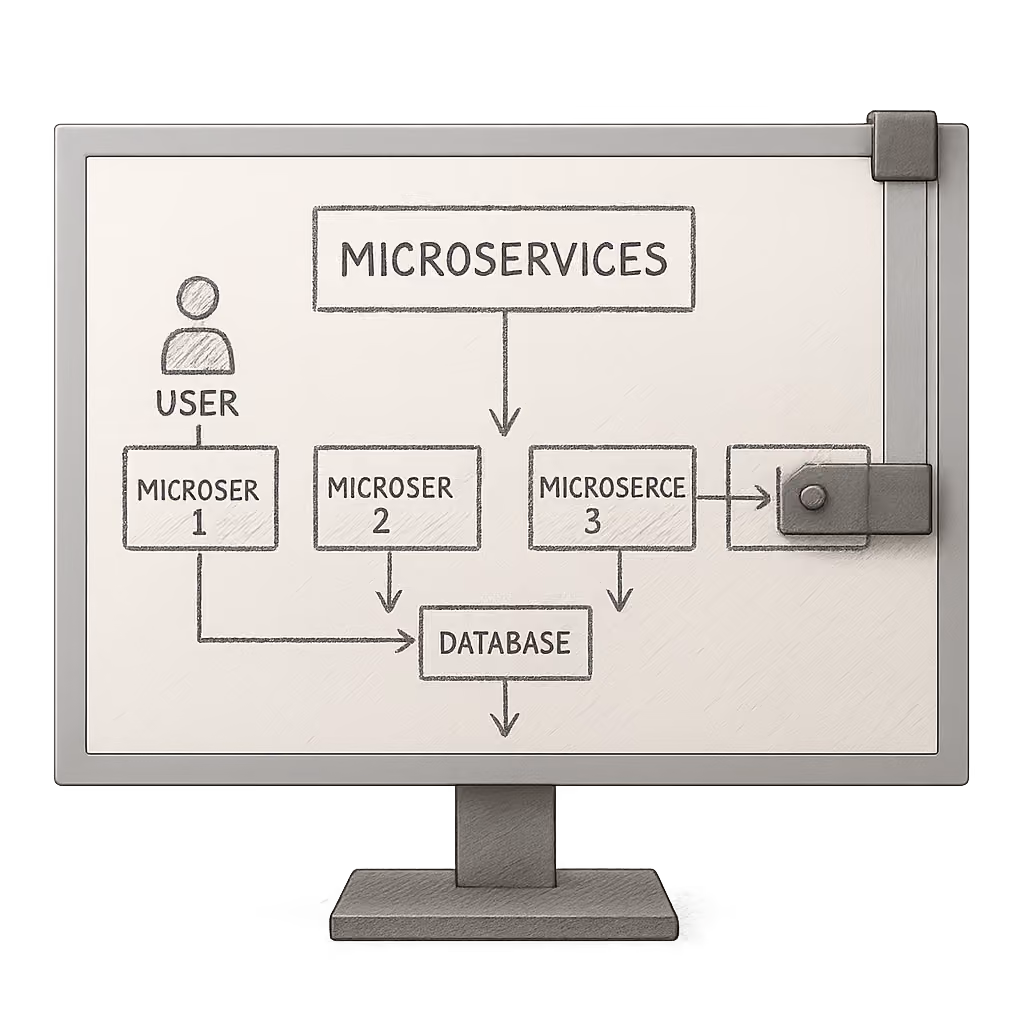 Computer screen with a microservices flowchart showing user, three microservices, and a database.