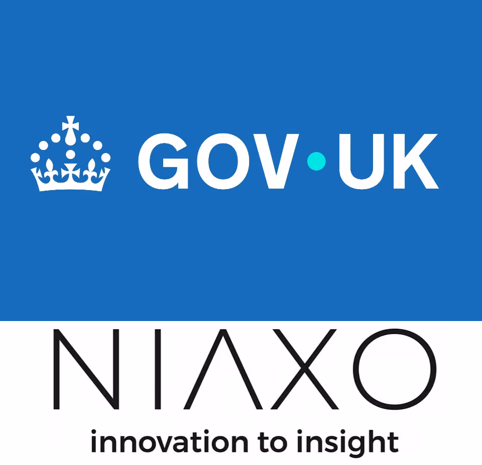 GOV•UK logo with crown above Niaxo logo and tagline innovation to insight.