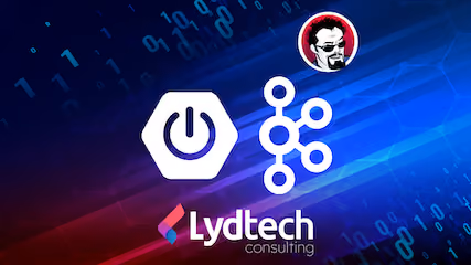 Logos of Spring Boot, Apache Kafka, and Lydtech Consulting on a digital blue and red background.