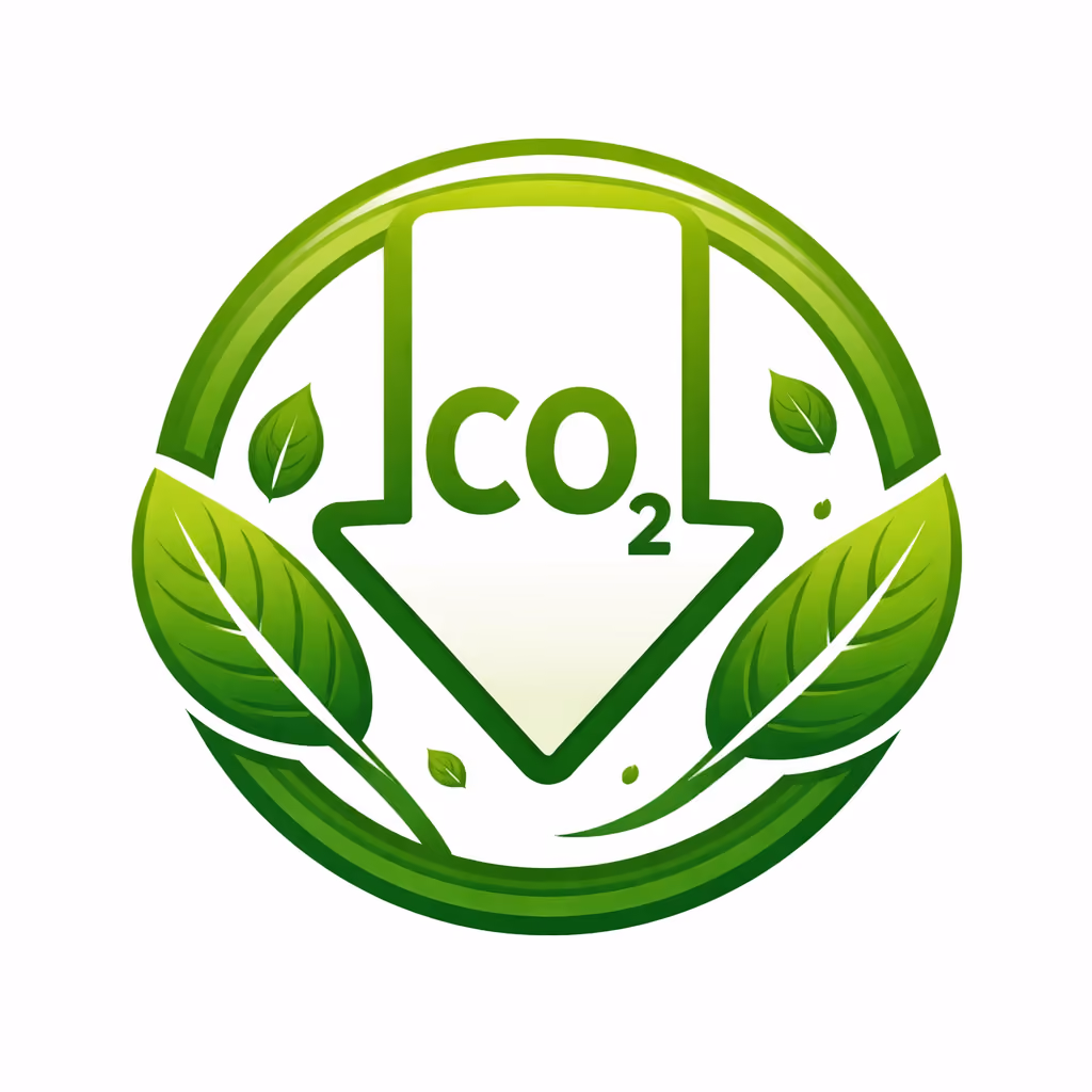 Green circular icon with a downward arrow labeled CO2 surrounded by leaves symbolizing carbon reduction.