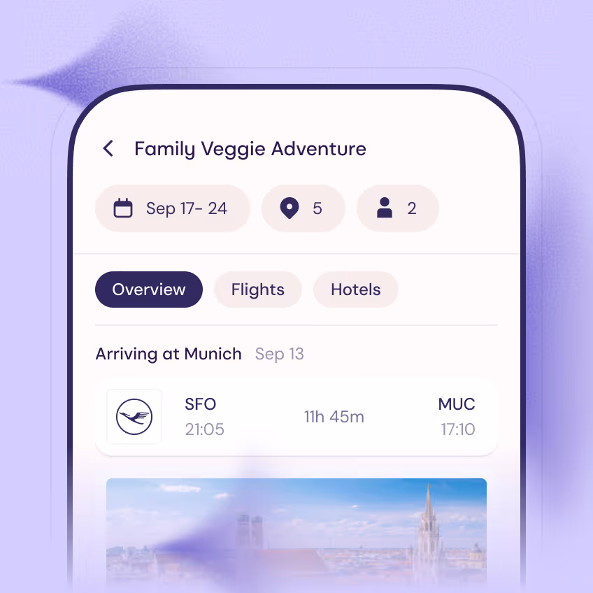 A purple and white app that shows a family veggie adventure.