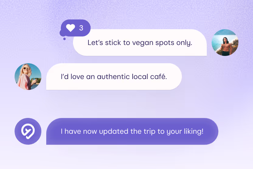 A purple background with a chat box that says "let's stick to vegan spots only".