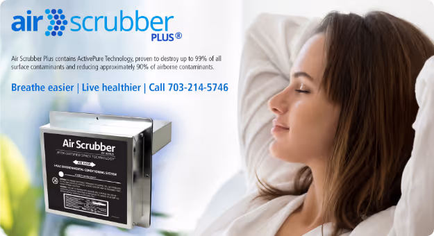 Air Scrubber Plus device with relaxed woman breathing clean air