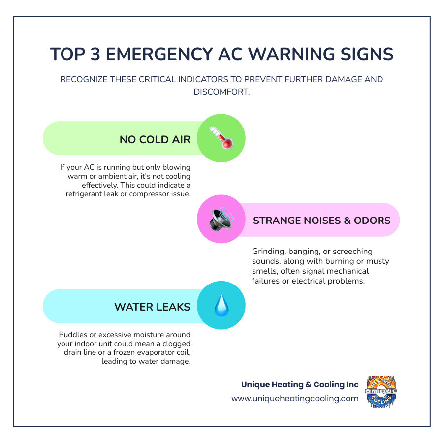 infographic showing 5 warning signs of AC emergency: no cold air with thermometer icon, strange noises with sound waves, water leaks with droplet icon, frequent cycling with circular arrows, and frozen coils with snowflake icon - 24 hour ac repair chesterfield infographic infographic-line-3-steps-colors