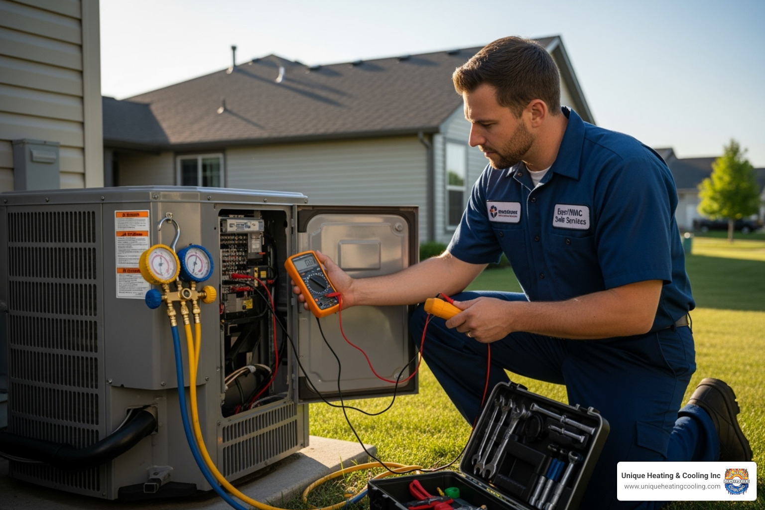 technician diagnosing AC unit - 24 hour ac repair chesterfield