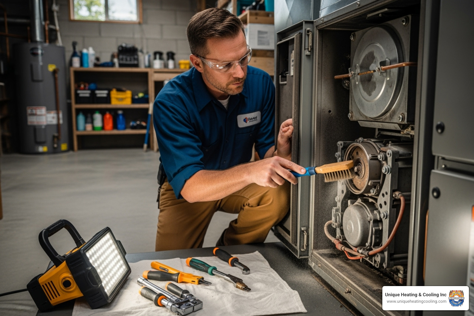 Professional technician cleaning a furnace burner assembly - fall furnace tune up st louis