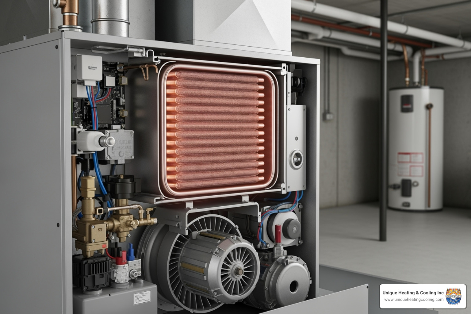 Furnace with labeled components such as the heat exchanger and blower motor - fall furnace tune up st louis