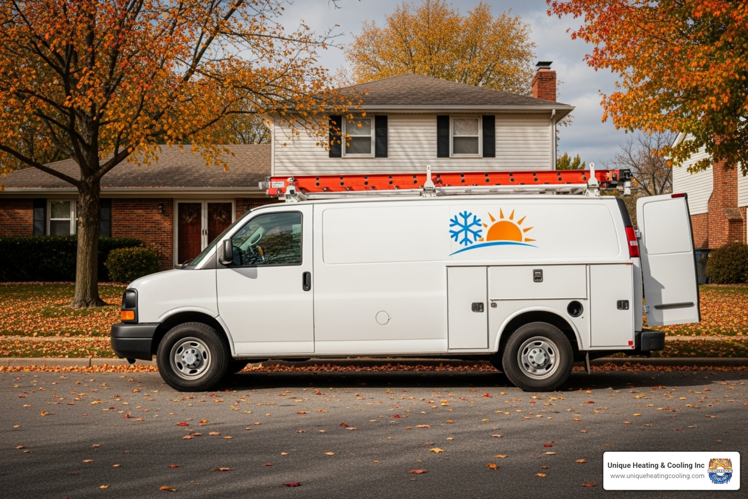Clean, modern Unique Heating & Cooling Inc. branded van - fall furnace tune up st louis