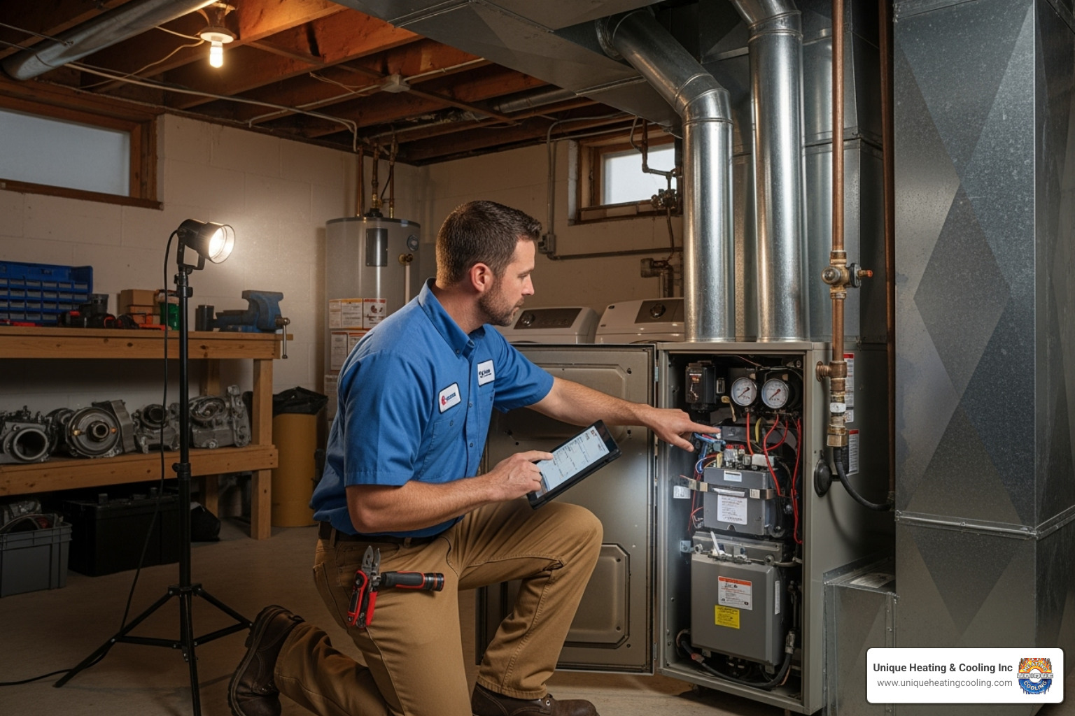 A technician inspecting a furnace in a basement - 24 hour hvac repair st louis A technician inspecting a furnace in a basement - 24 hour hvac repair st louis