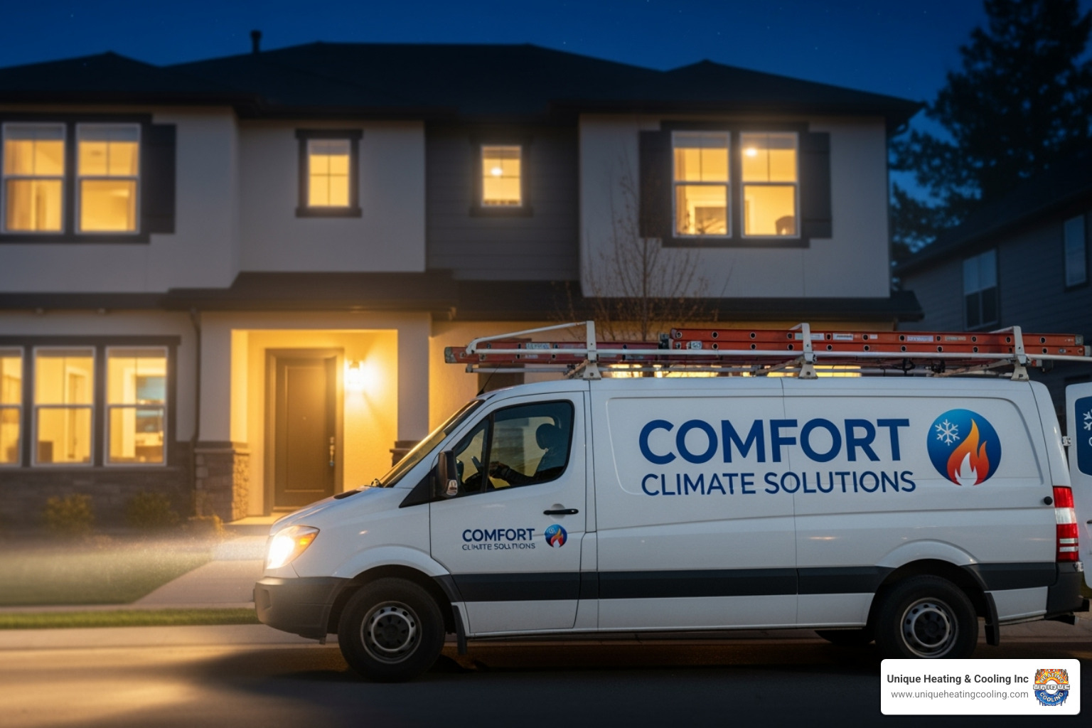 A service van with clear branding arriving at a home at night - 24 hour hvac repair st louis A service van with clear branding arriving at a home at night - 24 hour hvac repair st louis