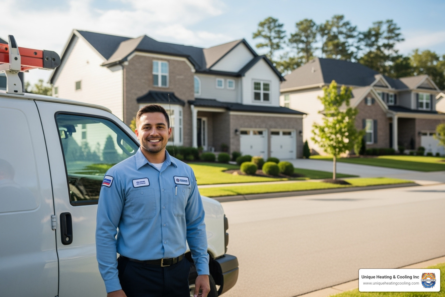 a friendly, professional technician with a van in a suburban O'Fallon neighborhood - ductless hvac repair o'fallon mo