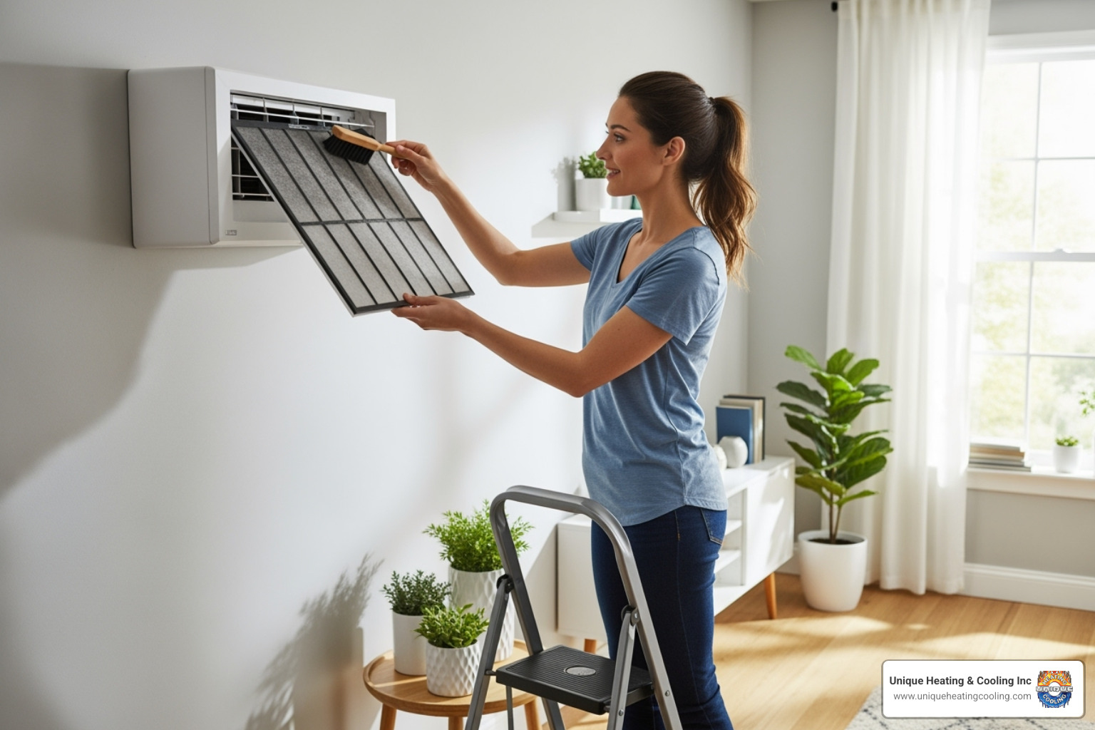 a homeowner easily cleaning the filter of an indoor ductless unit - ductless hvac repair o'fallon mo