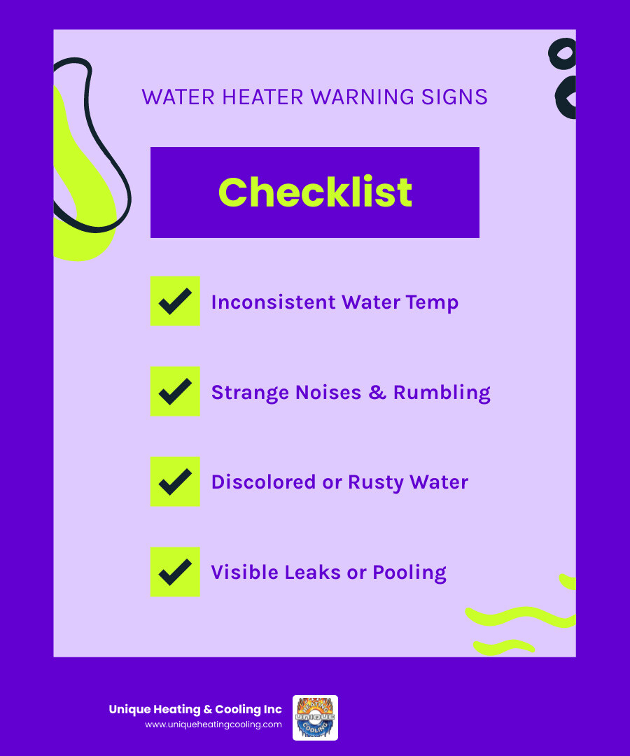 Infographic showing the top 5 commercial water heater failure signs: inconsistent temperature shown with thermometer, strange noises with sound waves, discolored water with rusty tap, visible leaks with water droplets, and reduced pressure with weak water flow - water heater repair st louis infographic checklist-fun-neon