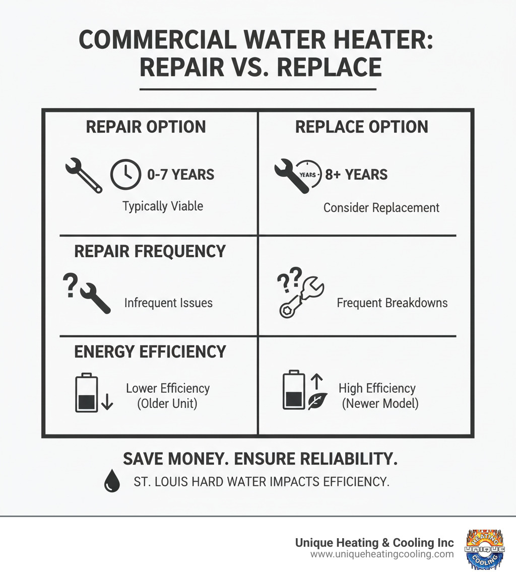 Table comparing repair vs. replacement options based on water heater age, repair frequency, and energy efficiency - water heater repair st louis infographic 