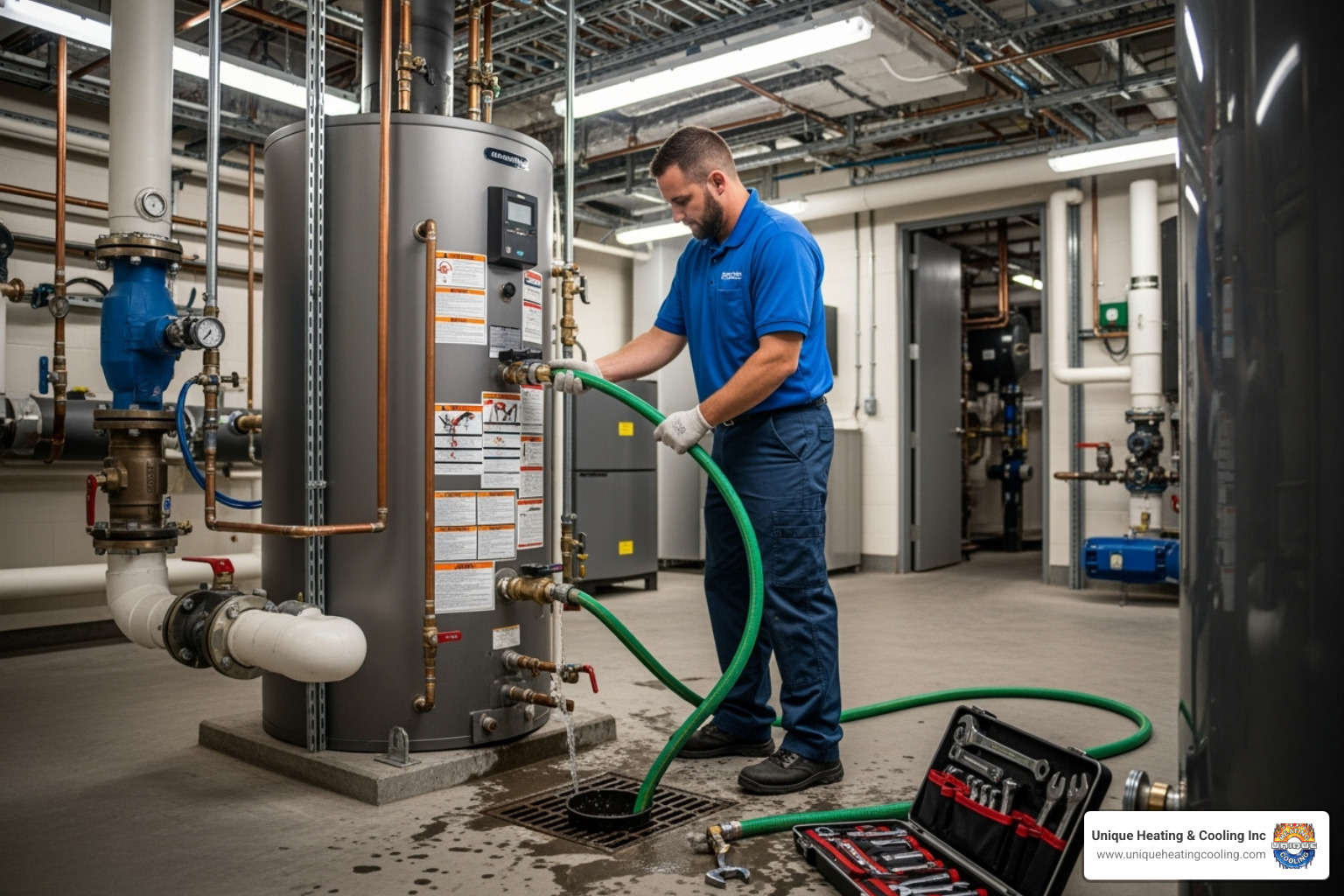 technician flushing commercial water heater - water heater repair st louis