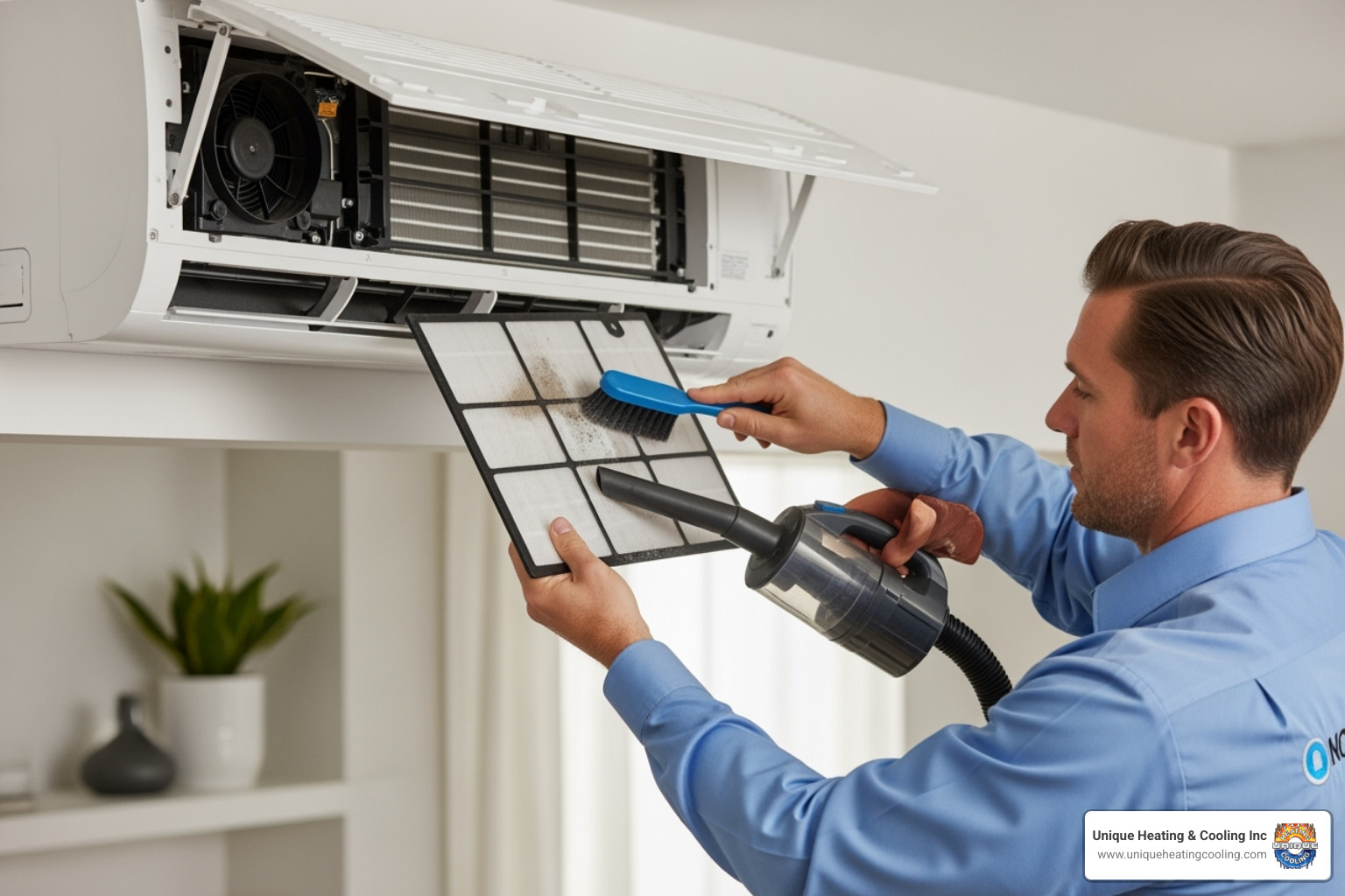 Technician cleaning the filter of an indoor mini-split unit - mini split ac installation st charles