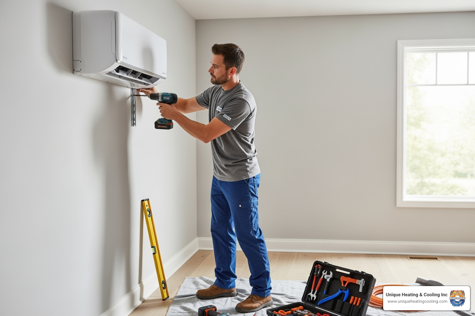 Technician installing an indoor mini-split unit on a wall - mini split ac installation st charles