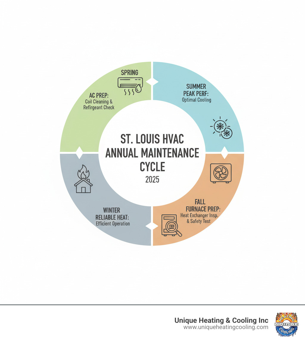 Infographic showing the annual HVAC maintenance cycle in St. Louis: Spring AC preparation with coil cleaning and refrigerant checks, Summer peak performance with optimal cooling, Fall furnace preparation with heat exchanger inspection and safety testing, Winter reliable heating with efficient operation, completing the cycle back to spring preparation - hvac maintenance plan st louis infographic Infographic showing the annual HVAC maintenance cycle in St. Louis: Spring AC preparation with coil cleaning and refrigerant checks, Summer peak performance with optimal cooling, Fall furnace preparation with heat exchanger inspection and safety testing, Winter reliable heating with efficient operation, completing the cycle back to spring preparation - hvac maintenance plan st louis infographic