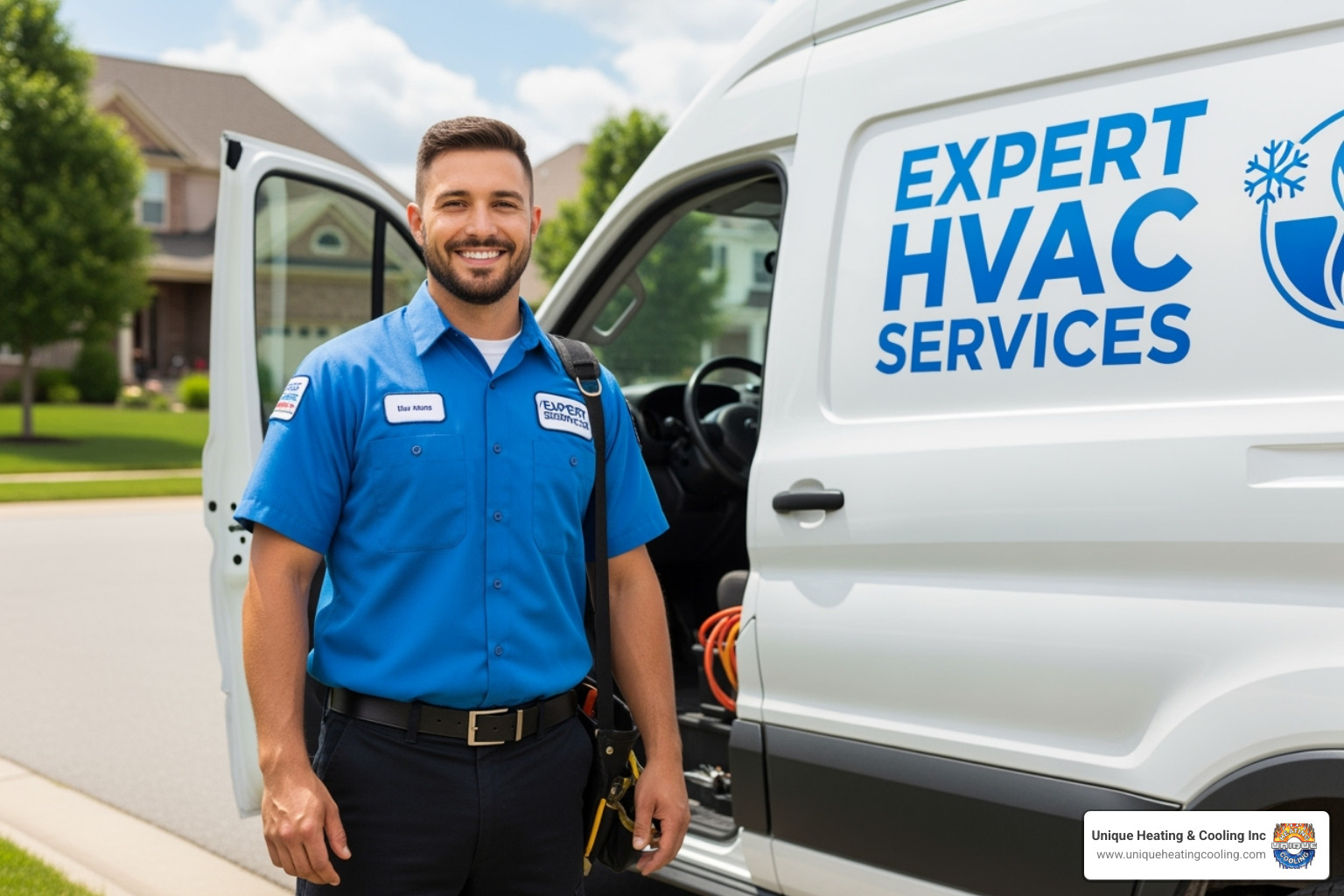 A friendly HVAC technician smiling next to a company van - hvac maintenance plan st louis A friendly HVAC technician smiling next to a company van - hvac maintenance plan st louis