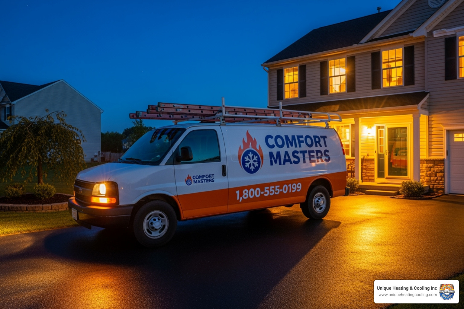 A branded Unique Heating & Cooling Inc. service van parked outside a home at night - emergency heating repair st louis