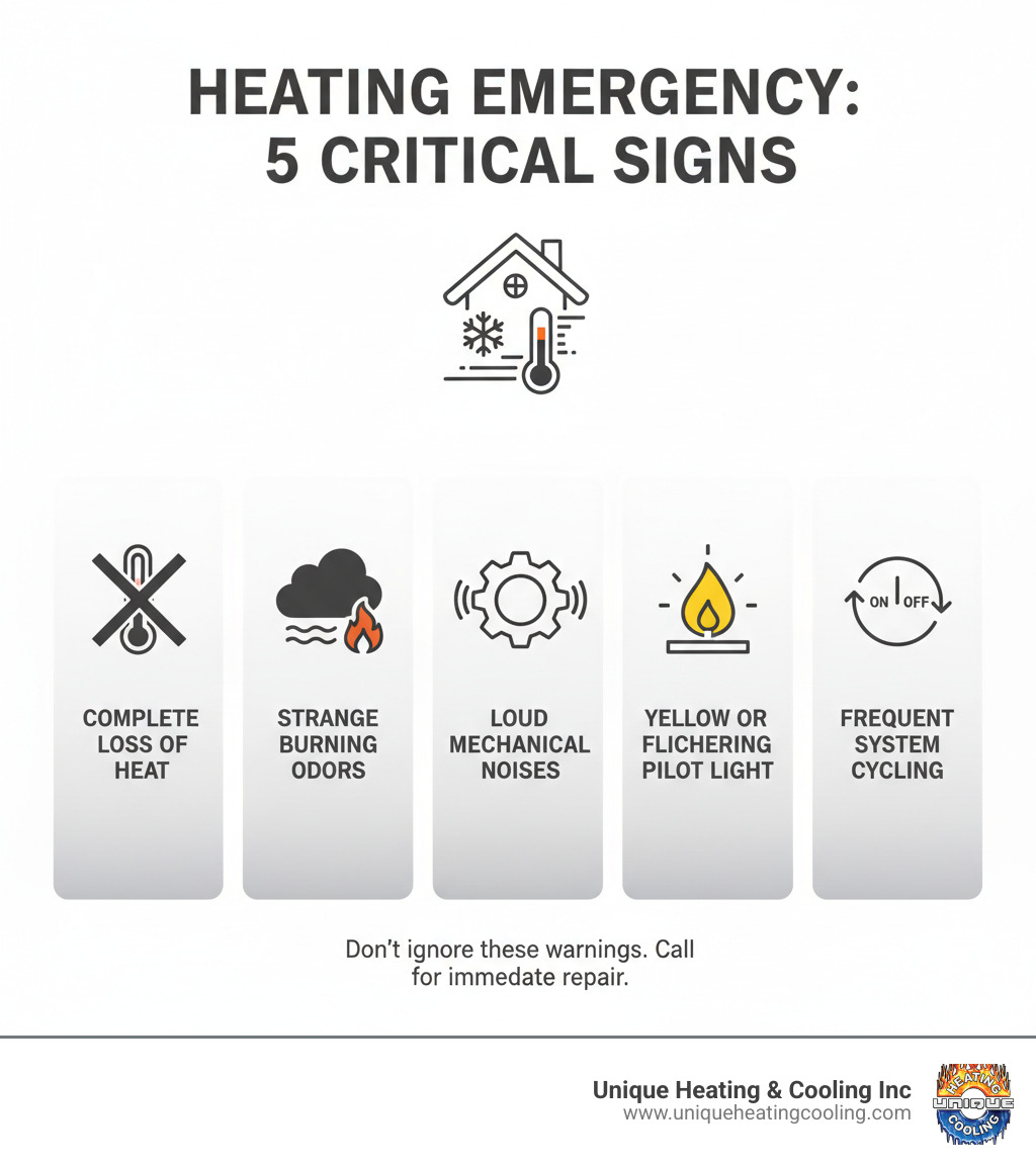Infographic showing the top 5 critical signs requiring emergency heating repair: complete loss of heat, strange burning odors, loud mechanical noises from the system, yellow or flickering pilot light, and frequent system cycling on and off - emergency heating repair st louis infographic 