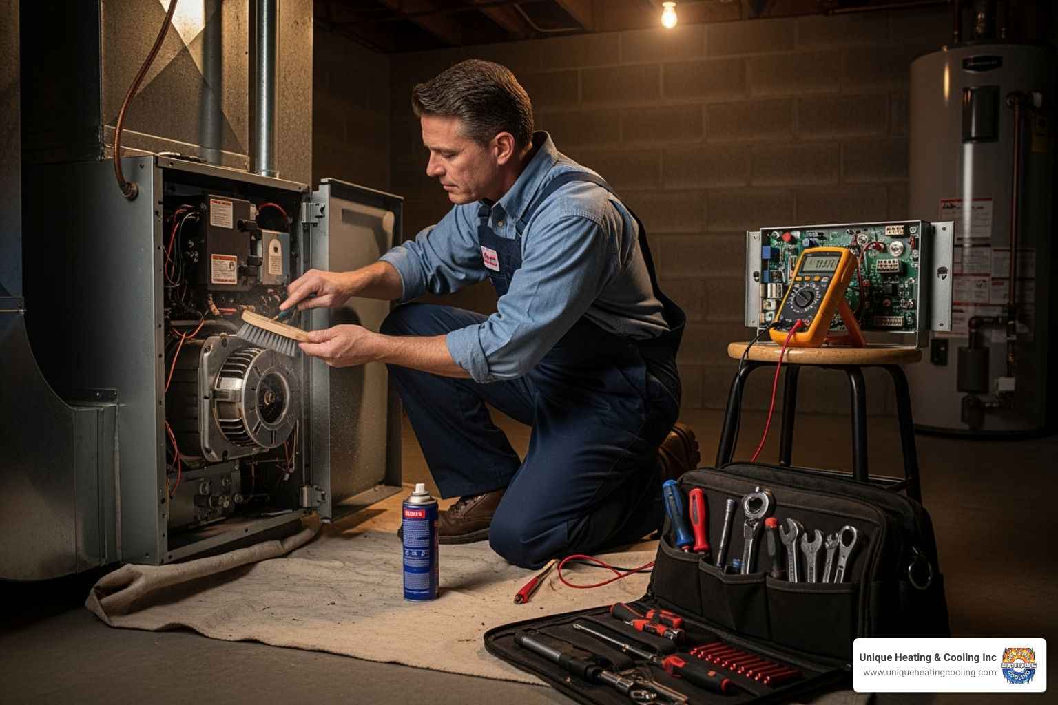 A technician performing routine maintenance on a furnace, cleaning components and checking connections - emergency heating repair st louis