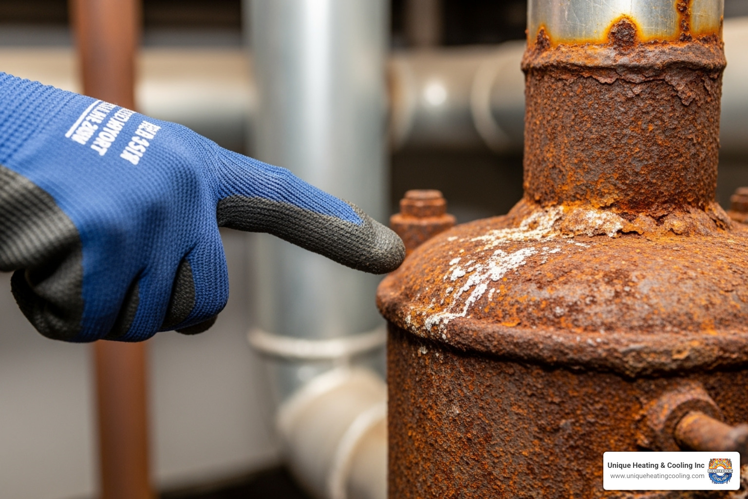 A close-up of a technician pointing to a corroded furnace component - emergency heating repair st louis