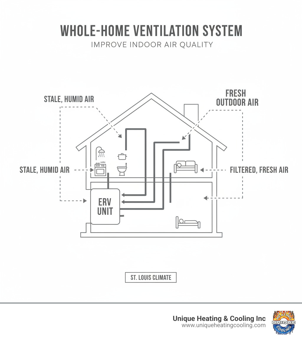 Infographic showing how a whole-home ventilation system works, with arrows indicating stale air being exhausted from bathrooms and kitchens while fresh outdoor air enters through the ERV unit and is distributed throughout the home via ductwork - ventilation system service st louis infographic 
