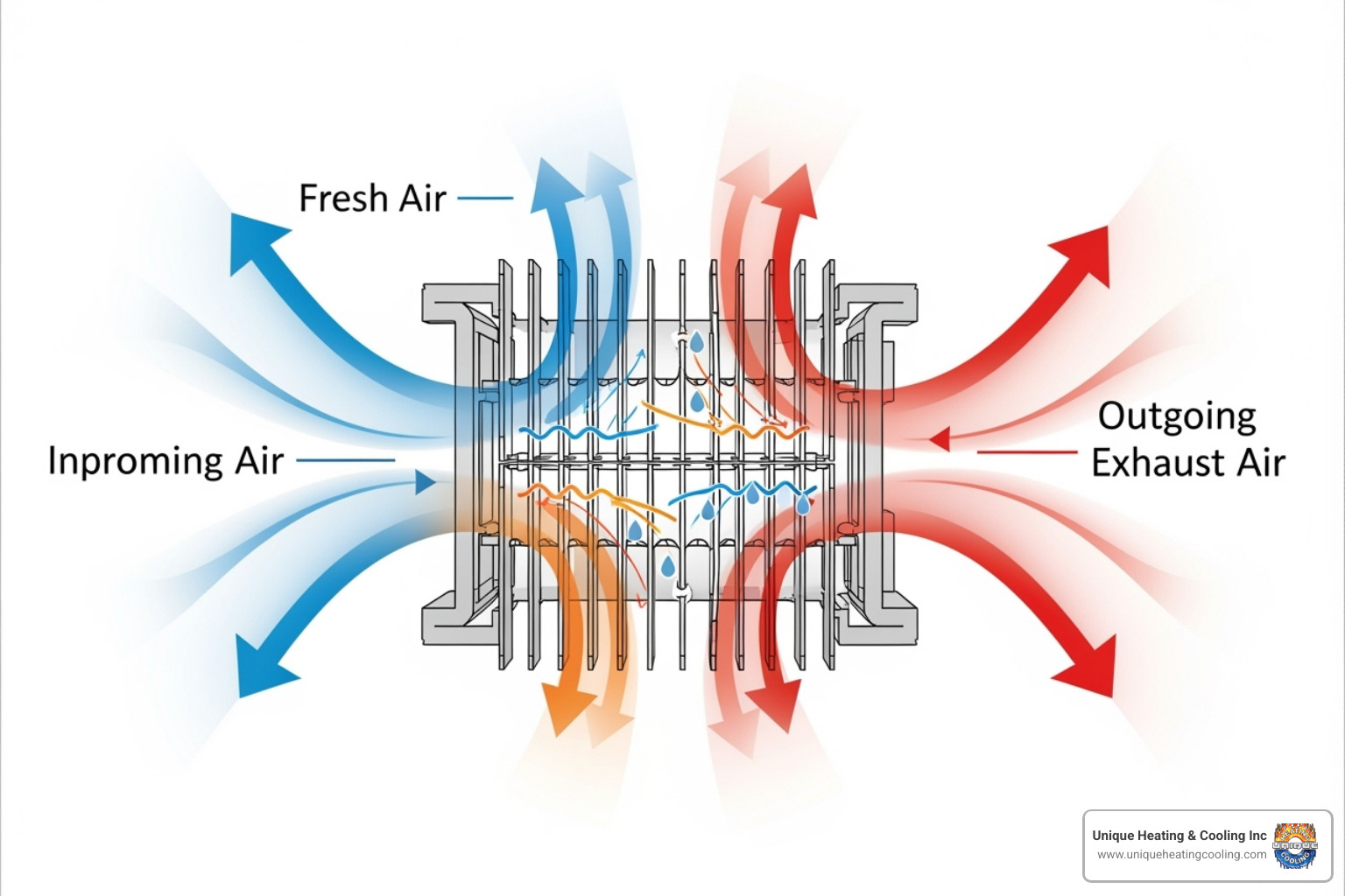 ERV diagram showing heat and moisture exchange core - ventilation system service st louis